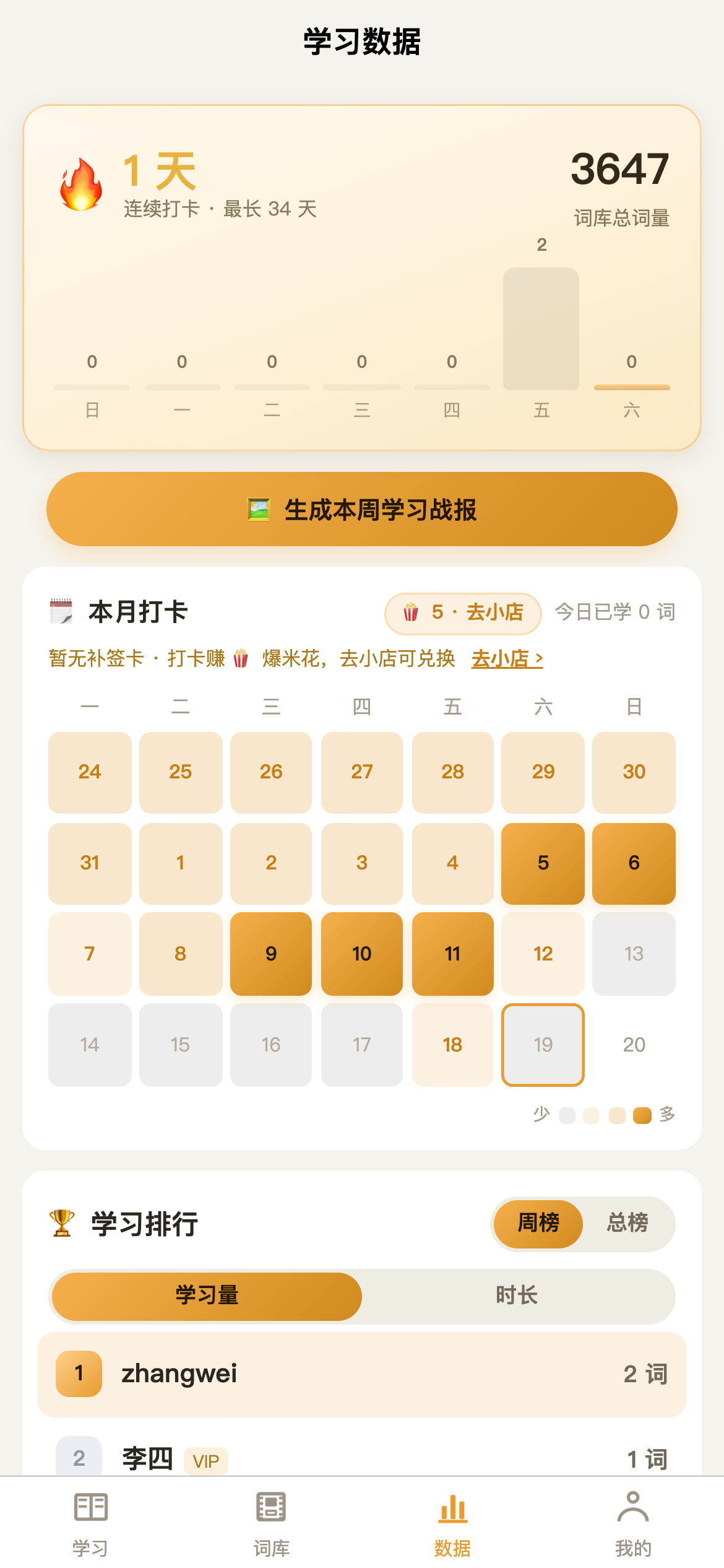 学习统计:打卡日历、排行榜与学习趋势